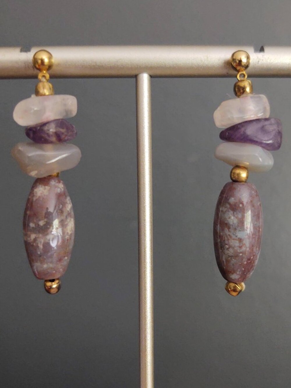 Pink, purple and grey stone dangle earrings